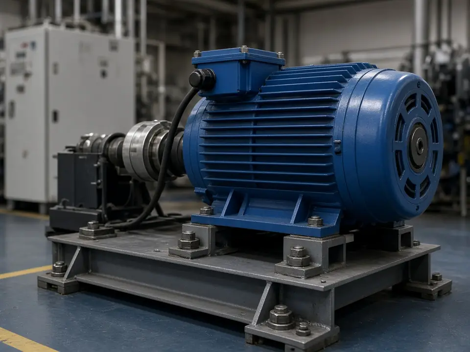 Motor elétrico industrial instalado em base metálica