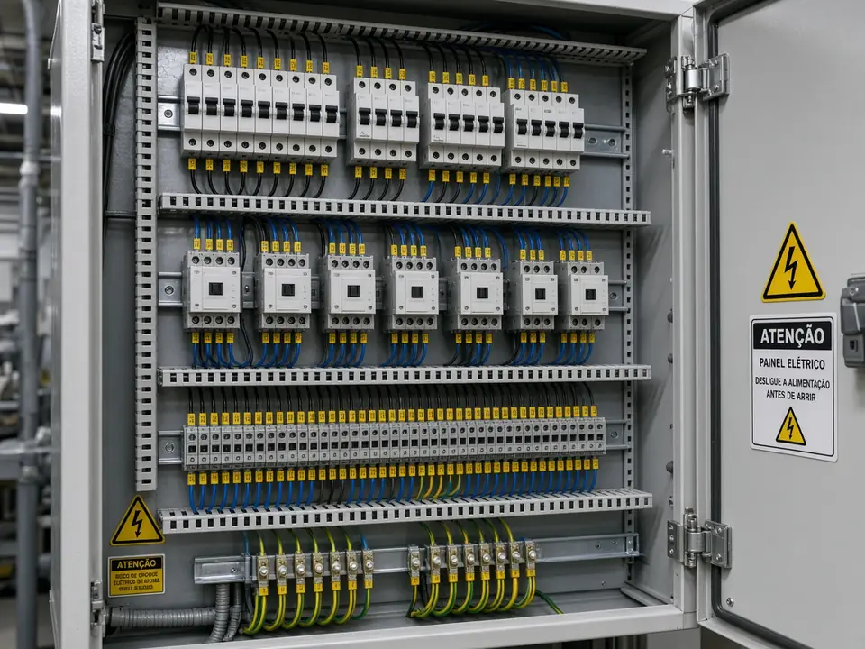 Montagem de painel elétrico industrial com bornes e proteções identificadas